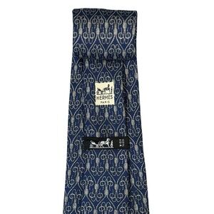 Hermes Men's Tie Equestrian Rope Knots Blue/Silver Silk 694 OA 4" (W) 56.75" (L)
